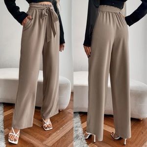 Wide leg high waisted paperbag pants belted tan khaki minimalist chic